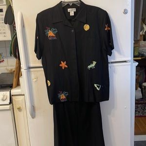 A .K.C Black Linen/Rayon 2Pc Vintage Dress/Jacket Size XL Embroidered Beach NWT